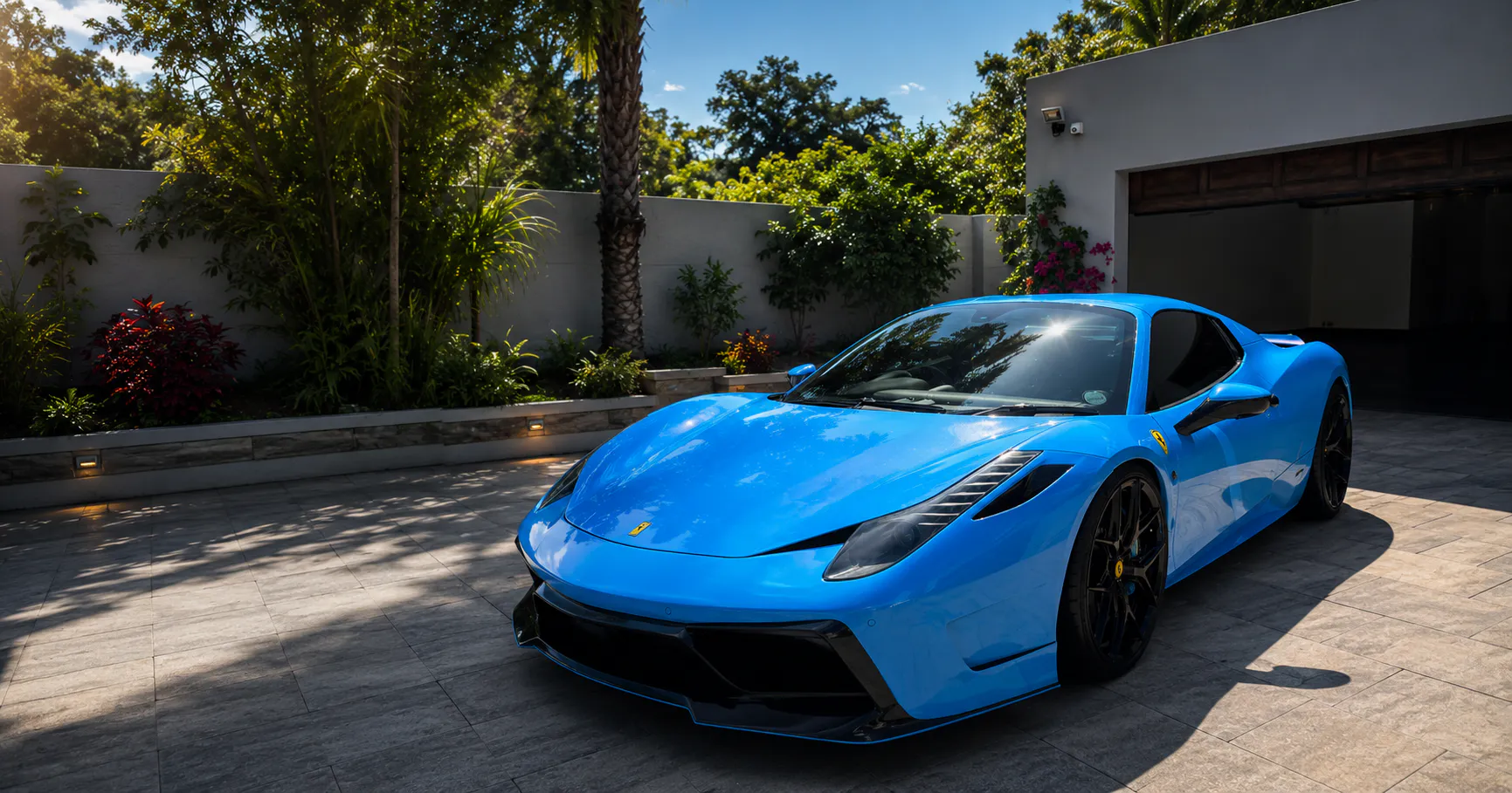 Blue Ferrari professionally detailed by Pristine Auto Spa